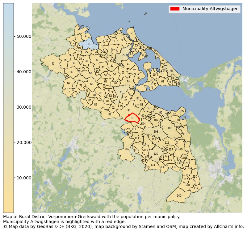 Map of Rural district Vorpommern-Greifswald with the population per municipality.Municipality Altwigshagen is highlighted with a red edge.. This page shows a lot of information about residents (such as the distribution by age groups, family composition, gender, native or German with an immigration background, ...), homes (numbers, types, price development, use, type of property, ...) and more (car ownership, energy consumption, ...) based on open data from the German Federal Agency for Cartography, the Federal Statistical Office (DESTATIS), the Regional Statistical Offices and various other sources!