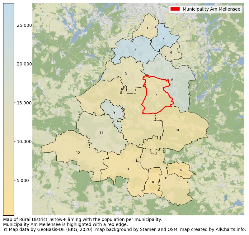 Map of Rural district Teltow-Fläming with the population per municipality.Municipality Am Mellensee is highlighted with a red edge.. This page shows a lot of information about residents (such as the distribution by age groups, family composition, gender, native or German with an immigration background, ...), homes (numbers, types, price development, use, type of property, ...) and more (car ownership, energy consumption, ...) based on open data from the German Federal Agency for Cartography, the Federal Statistical Office (DESTATIS), the Regional Statistical Offices and various other sources!