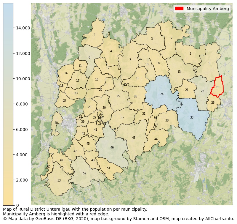 Map of Rural district Unterallgäu with the population per municipality.Municipality Amberg is highlighted with a red edge.. This page shows a lot of information about residents (such as the distribution by age groups, family composition, gender, native or German with an immigration background, ...), homes (numbers, types, price development, use, type of property, ...) and more (car ownership, energy consumption, ...) based on open data from the German Federal Agency for Cartography, the Federal Statistical Office (DESTATIS), the Regional Statistical Offices and various other sources!