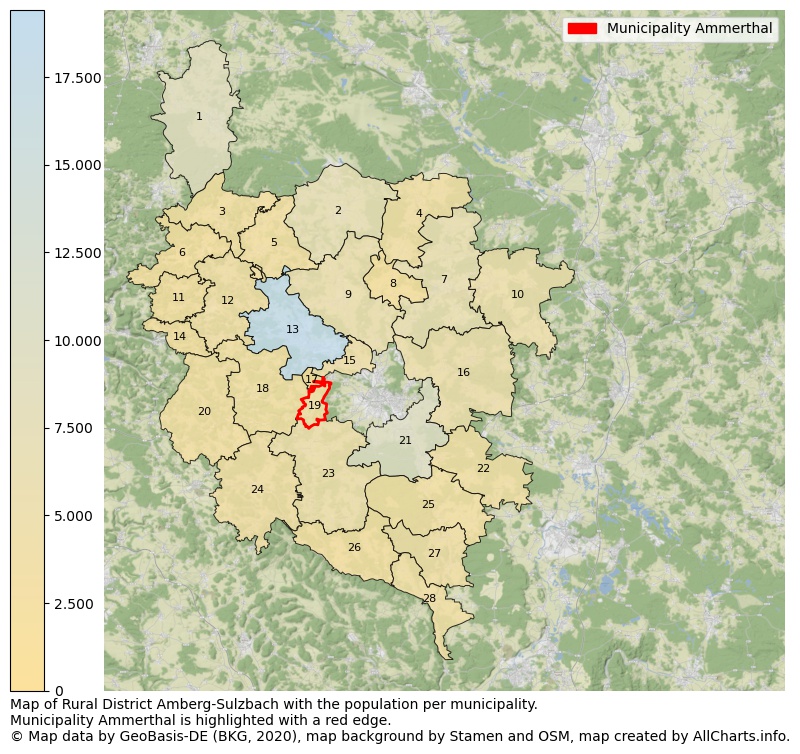 Map of Rural district Amberg-Sulzbach with the population per municipality.Municipality Ammerthal is highlighted with a red edge.. This page shows a lot of information about residents (such as the distribution by age groups, family composition, gender, native or German with an immigration background, ...), homes (numbers, types, price development, use, type of property, ...) and more (car ownership, energy consumption, ...) based on open data from the German Federal Agency for Cartography, the Federal Statistical Office (DESTATIS), the Regional Statistical Offices and various other sources!