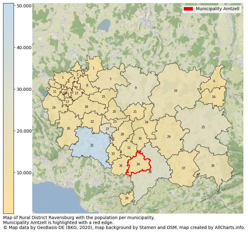 Map of Rural district Ravensburg with the population per municipality.Municipality Amtzell is highlighted with a red edge.. This page shows a lot of information about residents (such as the distribution by age groups, family composition, gender, native or German with an immigration background, ...), homes (numbers, types, price development, use, type of property, ...) and more (car ownership, energy consumption, ...) based on open data from the German Federal Agency for Cartography, the Federal Statistical Office (DESTATIS), the Regional Statistical Offices and various other sources!