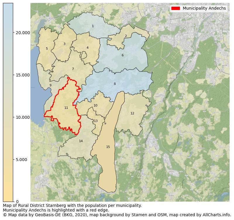 Map of Rural district Starnberg with the population per municipality.Municipality Andechs is highlighted with a red edge.. This page shows a lot of information about residents (such as the distribution by age groups, family composition, gender, native or German with an immigration background, ...), homes (numbers, types, price development, use, type of property, ...) and more (car ownership, energy consumption, ...) based on open data from the German Federal Agency for Cartography, the Federal Statistical Office (DESTATIS), the Regional Statistical Offices and various other sources!