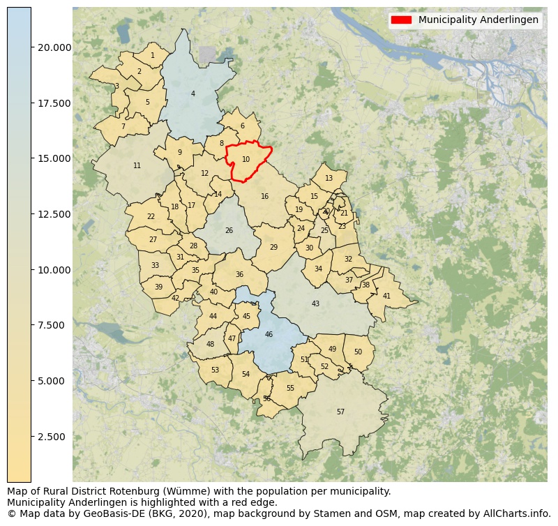 Map of Rural district Rotenburg (Wümme) with the population per municipality.Municipality Anderlingen is highlighted with a red edge.. This page shows a lot of information about residents (such as the distribution by age groups, family composition, gender, native or German with an immigration background, ...), homes (numbers, types, price development, use, type of property, ...) and more (car ownership, energy consumption, ...) based on open data from the German Federal Agency for Cartography, the Federal Statistical Office (DESTATIS), the Regional Statistical Offices and various other sources!