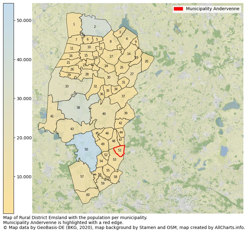Map of Rural district Emsland with the population per municipality.Municipality Andervenne is highlighted with a red edge.. This page shows a lot of information about residents (such as the distribution by age groups, family composition, gender, native or German with an immigration background, ...), homes (numbers, types, price development, use, type of property, ...) and more (car ownership, energy consumption, ...) based on open data from the German Federal Agency for Cartography, the Federal Statistical Office (DESTATIS), the Regional Statistical Offices and various other sources!