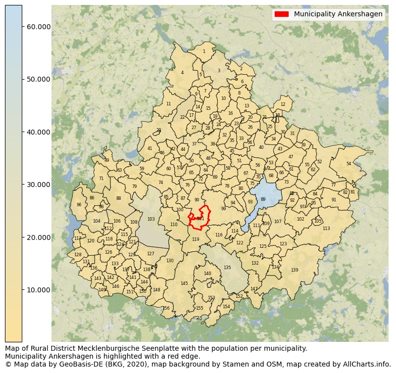Map of Rural district Mecklenburgische Seenplatte with the population per municipality.Municipality Ankershagen is highlighted with a red edge.. This page shows a lot of information about residents (such as the distribution by age groups, family composition, gender, native or German with an immigration background, ...), homes (numbers, types, price development, use, type of property, ...) and more (car ownership, energy consumption, ...) based on open data from the German Federal Agency for Cartography, the Federal Statistical Office (DESTATIS), the Regional Statistical Offices and various other sources!