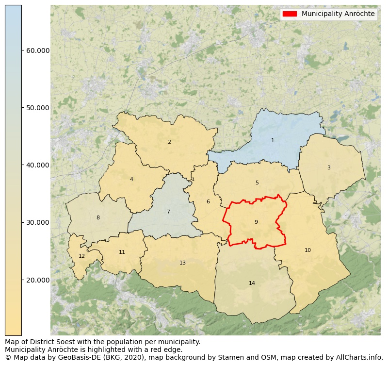 Map of District Soest with the population per municipality.Municipality Anröchte is highlighted with a red edge.. This page shows a lot of information about residents (such as the distribution by age groups, family composition, gender, native or German with an immigration background, ...), homes (numbers, types, price development, use, type of property, ...) and more (car ownership, energy consumption, ...) based on open data from the German Federal Agency for Cartography, the Federal Statistical Office (DESTATIS), the Regional Statistical Offices and various other sources!
