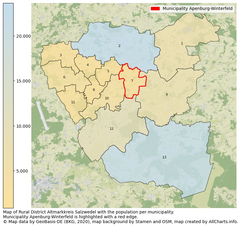 Map of Rural district Altmarkkreis Salzwedel with the population per municipality.Municipality Apenburg-Winterfeld is highlighted with a red edge.. This page shows a lot of information about residents (such as the distribution by age groups, family composition, gender, native or German with an immigration background, ...), homes (numbers, types, price development, use, type of property, ...) and more (car ownership, energy consumption, ...) based on open data from the German Federal Agency for Cartography, the Federal Statistical Office (DESTATIS), the Regional Statistical Offices and various other sources!