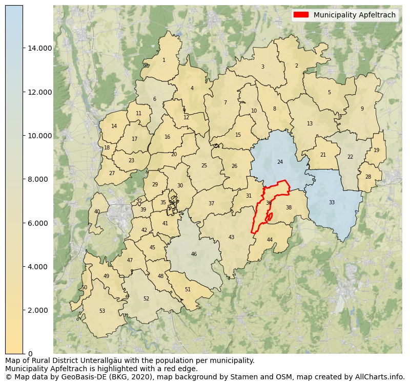 Map of Rural district Unterallgäu with the population per municipality.Municipality Apfeltrach is highlighted with a red edge.. This page shows a lot of information about residents (such as the distribution by age groups, family composition, gender, native or German with an immigration background, ...), homes (numbers, types, price development, use, type of property, ...) and more (car ownership, energy consumption, ...) based on open data from the German Federal Agency for Cartography, the Federal Statistical Office (DESTATIS), the Regional Statistical Offices and various other sources!
