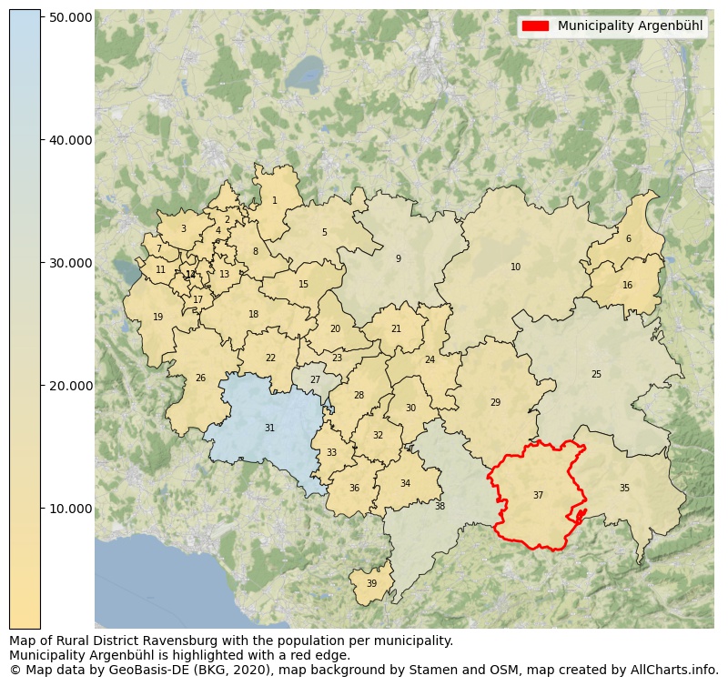 Map of Rural district Ravensburg with the population per municipality.Municipality Argenbühl is highlighted with a red edge.. This page shows a lot of information about residents (such as the distribution by age groups, family composition, gender, native or German with an immigration background, ...), homes (numbers, types, price development, use, type of property, ...) and more (car ownership, energy consumption, ...) based on open data from the German Federal Agency for Cartography, the Federal Statistical Office (DESTATIS), the Regional Statistical Offices and various other sources!