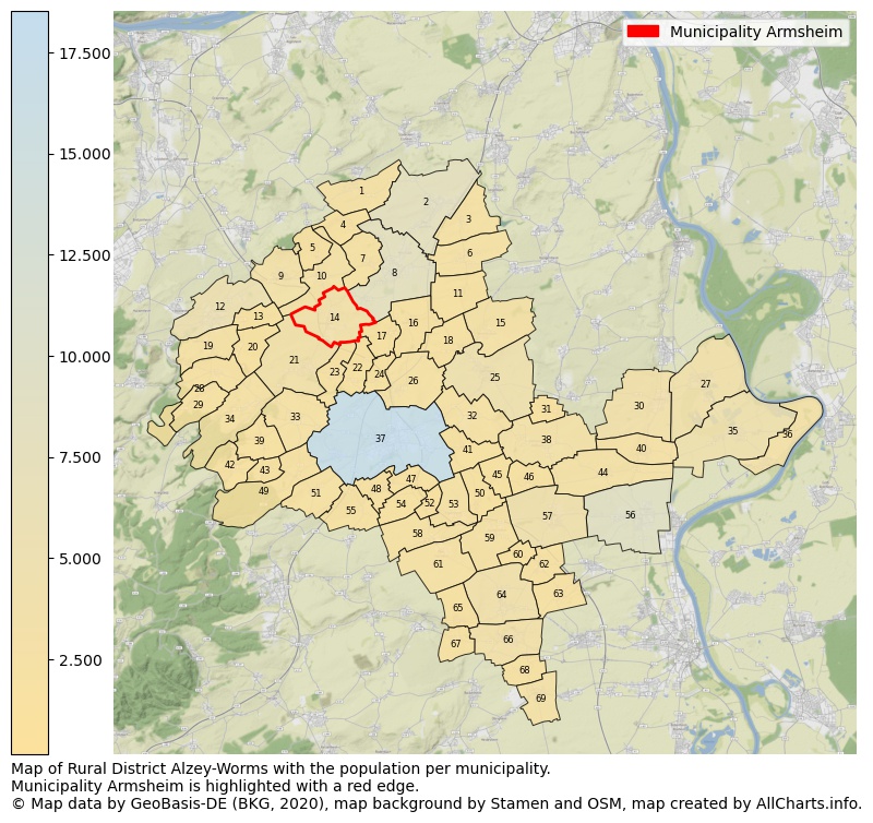 Map of Rural district Alzey-Worms with the population per municipality.Municipality Armsheim is highlighted with a red edge.. This page shows a lot of information about residents (such as the distribution by age groups, family composition, gender, native or German with an immigration background, ...), homes (numbers, types, price development, use, type of property, ...) and more (car ownership, energy consumption, ...) based on open data from the German Federal Agency for Cartography, the Federal Statistical Office (DESTATIS), the Regional Statistical Offices and various other sources!