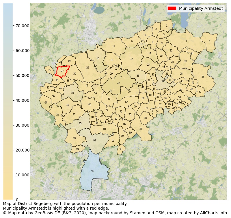 Map of District Segeberg with the population per municipality.Municipality Armstedt is highlighted with a red edge.. This page shows a lot of information about residents (such as the distribution by age groups, family composition, gender, native or German with an immigration background, ...), homes (numbers, types, price development, use, type of property, ...) and more (car ownership, energy consumption, ...) based on open data from the German Federal Agency for Cartography, the Federal Statistical Office (DESTATIS), the Regional Statistical Offices and various other sources!