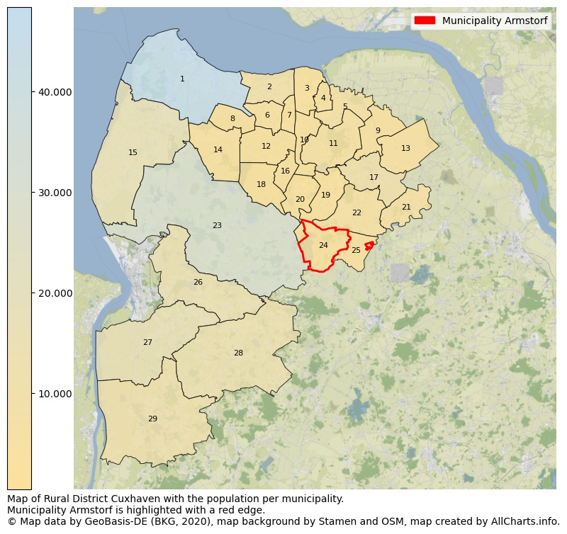 Map of Rural district Cuxhaven with the population per municipality.Municipality Armstorf is highlighted with a red edge.. This page shows a lot of information about residents (such as the distribution by age groups, family composition, gender, native or German with an immigration background, ...), homes (numbers, types, price development, use, type of property, ...) and more (car ownership, energy consumption, ...) based on open data from the German Federal Agency for Cartography, the Federal Statistical Office (DESTATIS), the Regional Statistical Offices and various other sources!