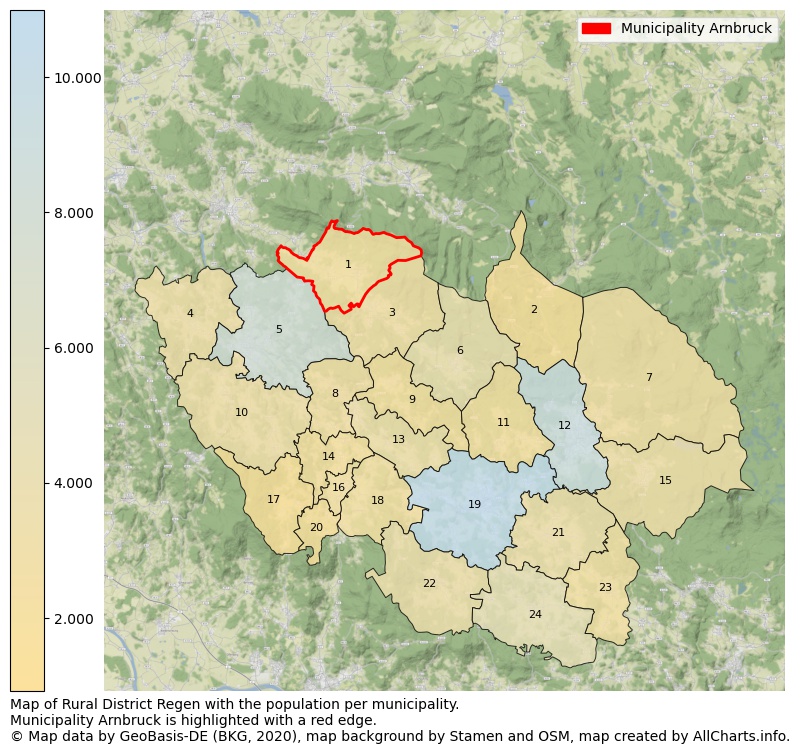 Map of Rural district Regen with the population per municipality.Municipality Arnbruck is highlighted with a red edge.. This page shows a lot of information about residents (such as the distribution by age groups, family composition, gender, native or German with an immigration background, ...), homes (numbers, types, price development, use, type of property, ...) and more (car ownership, energy consumption, ...) based on open data from the German Federal Agency for Cartography, the Federal Statistical Office (DESTATIS), the Regional Statistical Offices and various other sources!