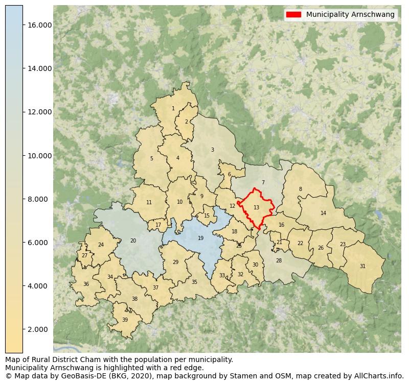Map of Rural district Cham with the population per municipality.Municipality Arnschwang is highlighted with a red edge.. This page shows a lot of information about residents (such as the distribution by age groups, family composition, gender, native or German with an immigration background, ...), homes (numbers, types, price development, use, type of property, ...) and more (car ownership, energy consumption, ...) based on open data from the German Federal Agency for Cartography, the Federal Statistical Office (DESTATIS), the Regional Statistical Offices and various other sources!