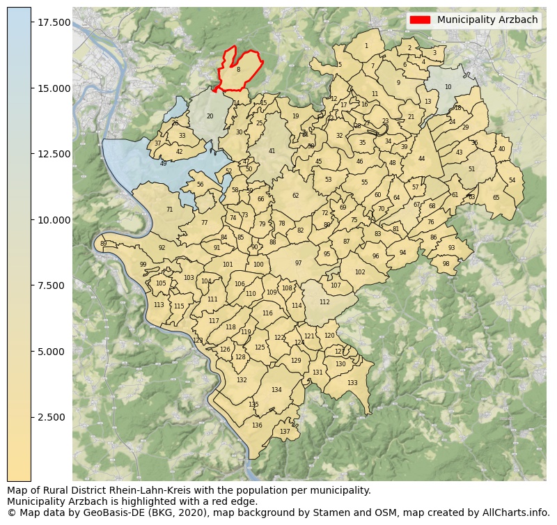 Map of Rural district Rhein-Lahn-Kreis with the population per municipality.Municipality Arzbach is highlighted with a red edge.. This page shows a lot of information about residents (such as the distribution by age groups, family composition, gender, native or German with an immigration background, ...), homes (numbers, types, price development, use, type of property, ...) and more (car ownership, energy consumption, ...) based on open data from the German Federal Agency for Cartography, the Federal Statistical Office (DESTATIS), the Regional Statistical Offices and various other sources!
