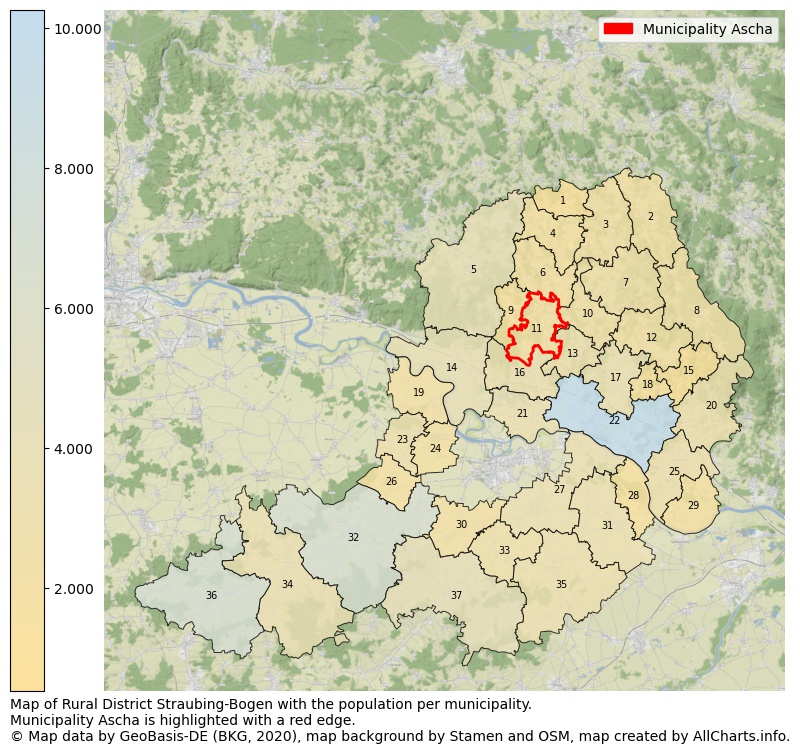 Map of Rural district Straubing-Bogen with the population per municipality.Municipality Ascha is highlighted with a red edge.. This page shows a lot of information about residents (such as the distribution by age groups, family composition, gender, native or German with an immigration background, ...), homes (numbers, types, price development, use, type of property, ...) and more (car ownership, energy consumption, ...) based on open data from the German Federal Agency for Cartography, the Federal Statistical Office (DESTATIS), the Regional Statistical Offices and various other sources!