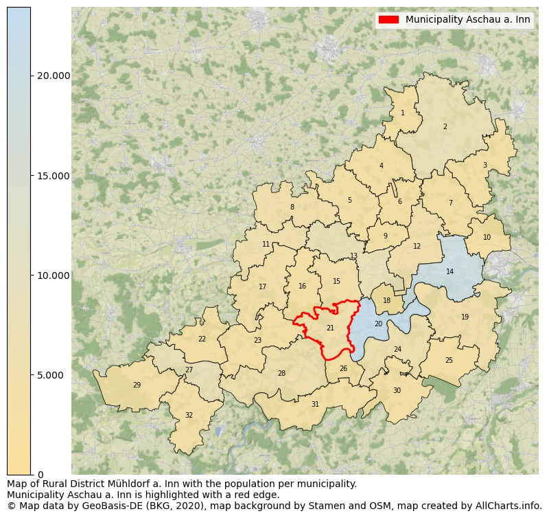 Map of Rural district Mühldorf a. Inn with the population per municipality.Municipality Aschau a. Inn is highlighted with a red edge.. This page shows a lot of information about residents (such as the distribution by age groups, family composition, gender, native or German with an immigration background, ...), homes (numbers, types, price development, use, type of property, ...) and more (car ownership, energy consumption, ...) based on open data from the German Federal Agency for Cartography, the Federal Statistical Office (DESTATIS), the Regional Statistical Offices and various other sources!