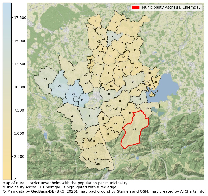 Map of Rural district Rosenheim with the population per municipality.Municipality Aschau i. Chiemgau is highlighted with a red edge.. This page shows a lot of information about residents (such as the distribution by age groups, family composition, gender, native or German with an immigration background, ...), homes (numbers, types, price development, use, type of property, ...) and more (car ownership, energy consumption, ...) based on open data from the German Federal Agency for Cartography, the Federal Statistical Office (DESTATIS), the Regional Statistical Offices and various other sources!