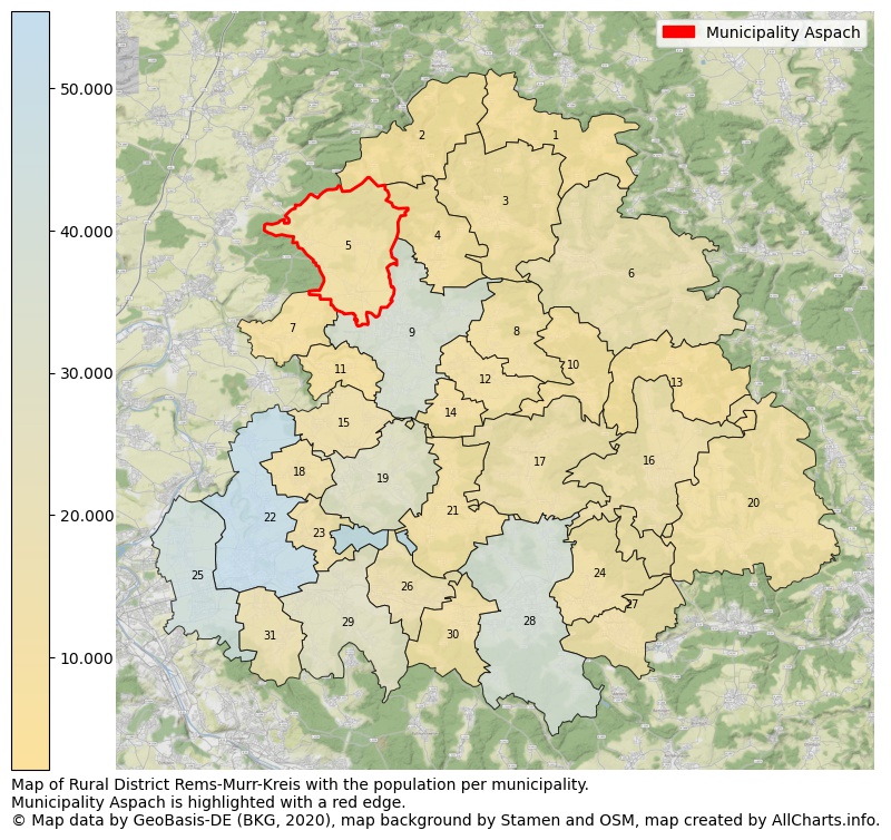 Map of Rural district Rems-Murr-Kreis with the population per municipality.Municipality Aspach is highlighted with a red edge.. This page shows a lot of information about residents (such as the distribution by age groups, family composition, gender, native or German with an immigration background, ...), homes (numbers, types, price development, use, type of property, ...) and more (car ownership, energy consumption, ...) based on open data from the German Federal Agency for Cartography, the Federal Statistical Office (DESTATIS), the Regional Statistical Offices and various other sources!