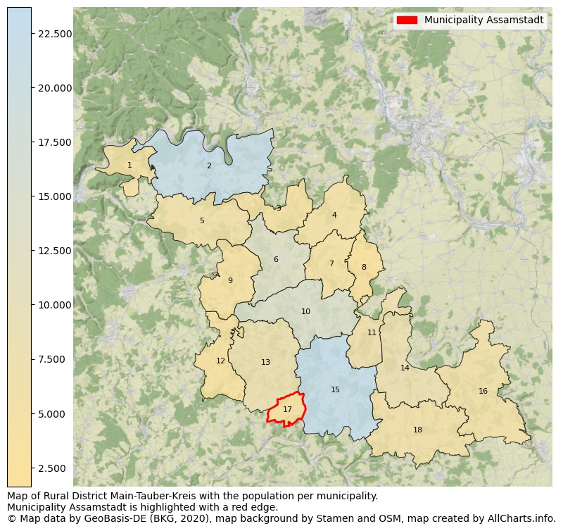 Map of Rural district Main-Tauber-Kreis with the population per municipality.Municipality Assamstadt is highlighted with a red edge.. This page shows a lot of information about residents (such as the distribution by age groups, family composition, gender, native or German with an immigration background, ...), homes (numbers, types, price development, use, type of property, ...) and more (car ownership, energy consumption, ...) based on open data from the German Federal Agency for Cartography, the Federal Statistical Office (DESTATIS), the Regional Statistical Offices and various other sources!
