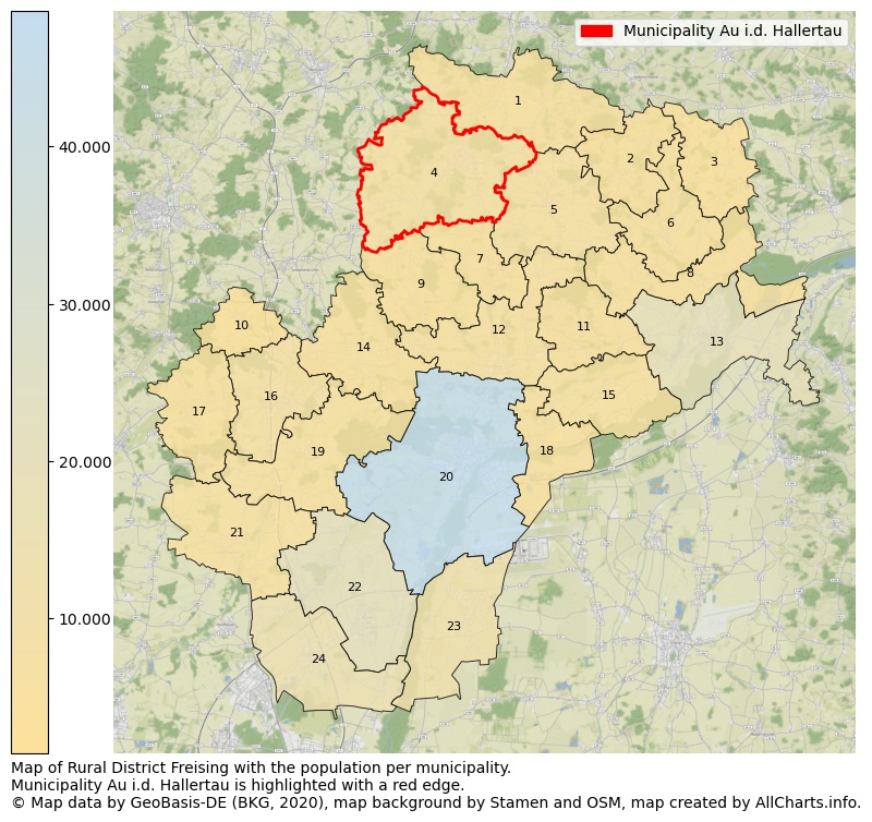 Map of Rural district Freising with the population per municipality.Municipality Au i.d. Hallertau is highlighted with a red edge.. This page shows a lot of information about residents (such as the distribution by age groups, family composition, gender, native or German with an immigration background, ...), homes (numbers, types, price development, use, type of property, ...) and more (car ownership, energy consumption, ...) based on open data from the German Federal Agency for Cartography, the Federal Statistical Office (DESTATIS), the Regional Statistical Offices and various other sources!