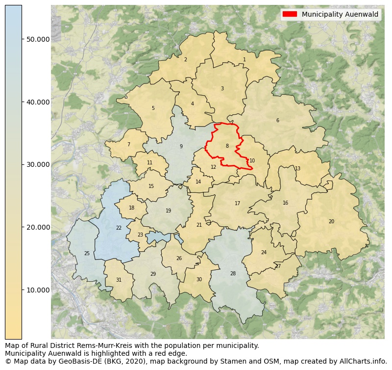 Map of Rural district Rems-Murr-Kreis with the population per municipality.Municipality Auenwald is highlighted with a red edge.. This page shows a lot of information about residents (such as the distribution by age groups, family composition, gender, native or German with an immigration background, ...), homes (numbers, types, price development, use, type of property, ...) and more (car ownership, energy consumption, ...) based on open data from the German Federal Agency for Cartography, the Federal Statistical Office (DESTATIS), the Regional Statistical Offices and various other sources!