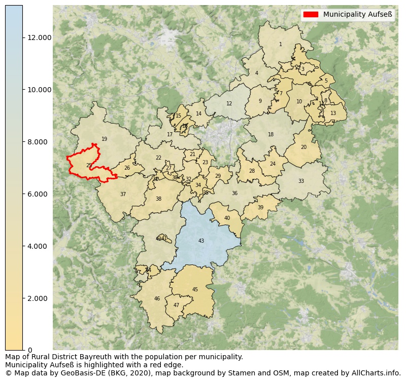 Map of Rural district Bayreuth with the population per municipality.Municipality Aufseß is highlighted with a red edge.. This page shows a lot of information about residents (such as the distribution by age groups, family composition, gender, native or German with an immigration background, ...), homes (numbers, types, price development, use, type of property, ...) and more (car ownership, energy consumption, ...) based on open data from the German Federal Agency for Cartography, the Federal Statistical Office (DESTATIS), the Regional Statistical Offices and various other sources!