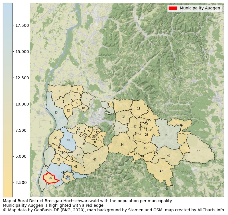 Map of Rural district Breisgau-Hochschwarzwald with the population per municipality.Municipality Auggen is highlighted with a red edge.. This page shows a lot of information about residents (such as the distribution by age groups, family composition, gender, native or German with an immigration background, ...), homes (numbers, types, price development, use, type of property, ...) and more (car ownership, energy consumption, ...) based on open data from the German Federal Agency for Cartography, the Federal Statistical Office (DESTATIS), the Regional Statistical Offices and various other sources!