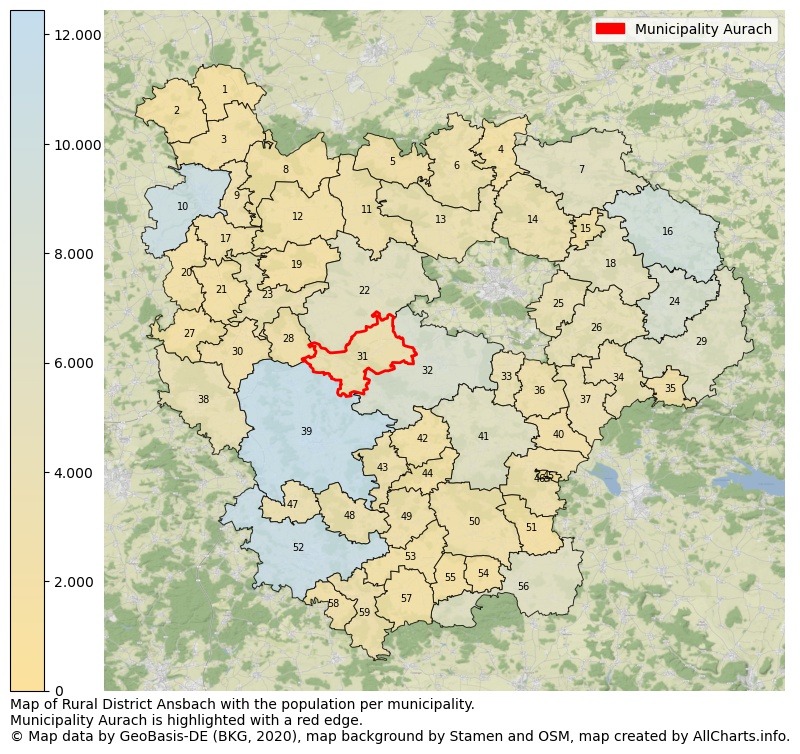 Map of Rural district Ansbach with the population per municipality.Municipality Aurach is highlighted with a red edge.. This page shows a lot of information about residents (such as the distribution by age groups, family composition, gender, native or German with an immigration background, ...), homes (numbers, types, price development, use, type of property, ...) and more (car ownership, energy consumption, ...) based on open data from the German Federal Agency for Cartography, the Federal Statistical Office (DESTATIS), the Regional Statistical Offices and various other sources!