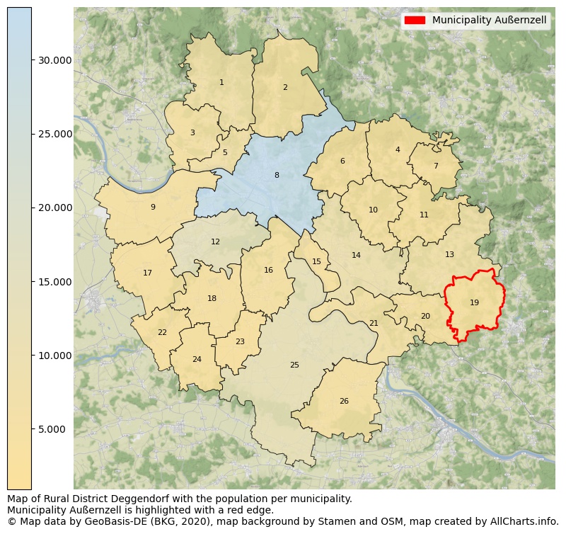 Map of Rural district Deggendorf with the population per municipality.Municipality Außernzell is highlighted with a red edge.. This page shows a lot of information about residents (such as the distribution by age groups, family composition, gender, native or German with an immigration background, ...), homes (numbers, types, price development, use, type of property, ...) and more (car ownership, energy consumption, ...) based on open data from the German Federal Agency for Cartography, the Federal Statistical Office (DESTATIS), the Regional Statistical Offices and various other sources!