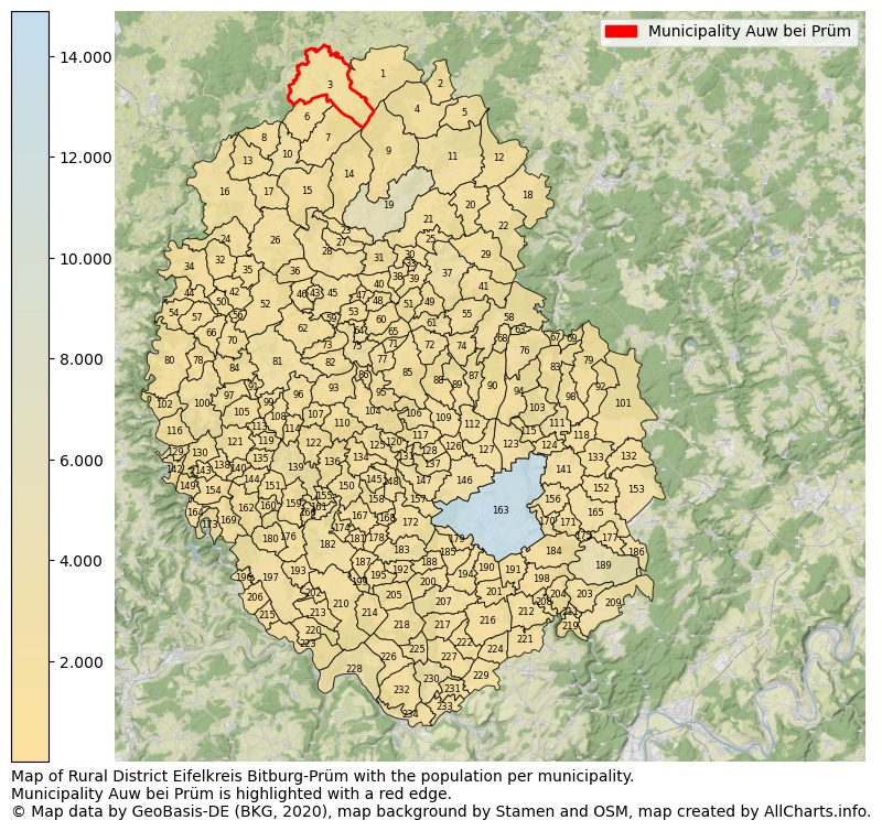 Map of Rural district Eifelkreis Bitburg-Prüm with the population per municipality.Municipality Auw bei Prüm is highlighted with a red edge.. This page shows a lot of information about residents (such as the distribution by age groups, family composition, gender, native or German with an immigration background, ...), homes (numbers, types, price development, use, type of property, ...) and more (car ownership, energy consumption, ...) based on open data from the German Federal Agency for Cartography, the Federal Statistical Office (DESTATIS), the Regional Statistical Offices and various other sources!