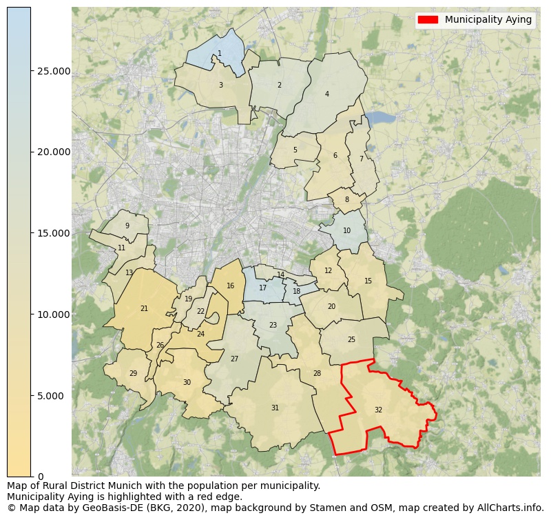 Map of Rural district Munich with the population per municipality.Municipality Aying is highlighted with a red edge.. This page shows a lot of information about residents (such as the distribution by age groups, family composition, gender, native or German with an immigration background, ...), homes (numbers, types, price development, use, type of property, ...) and more (car ownership, energy consumption, ...) based on open data from the German Federal Agency for Cartography, the Federal Statistical Office (DESTATIS), the Regional Statistical Offices and various other sources!