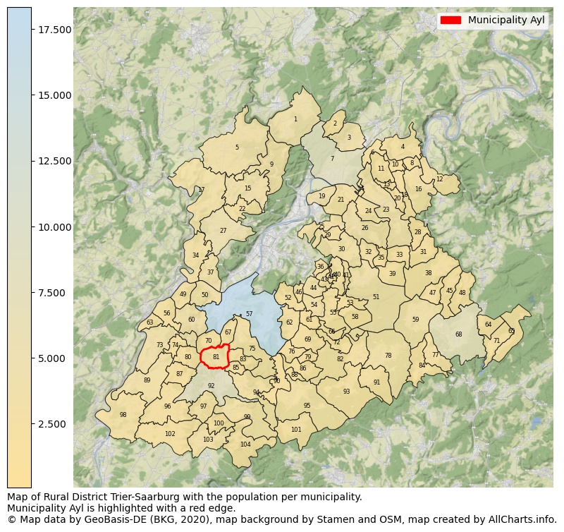 Map of Rural district Trier-Saarburg with the population per municipality.Municipality Ayl is highlighted with a red edge.. This page shows a lot of information about residents (such as the distribution by age groups, family composition, gender, native or German with an immigration background, ...), homes (numbers, types, price development, use, type of property, ...) and more (car ownership, energy consumption, ...) based on open data from the German Federal Agency for Cartography, the Federal Statistical Office (DESTATIS), the Regional Statistical Offices and various other sources!