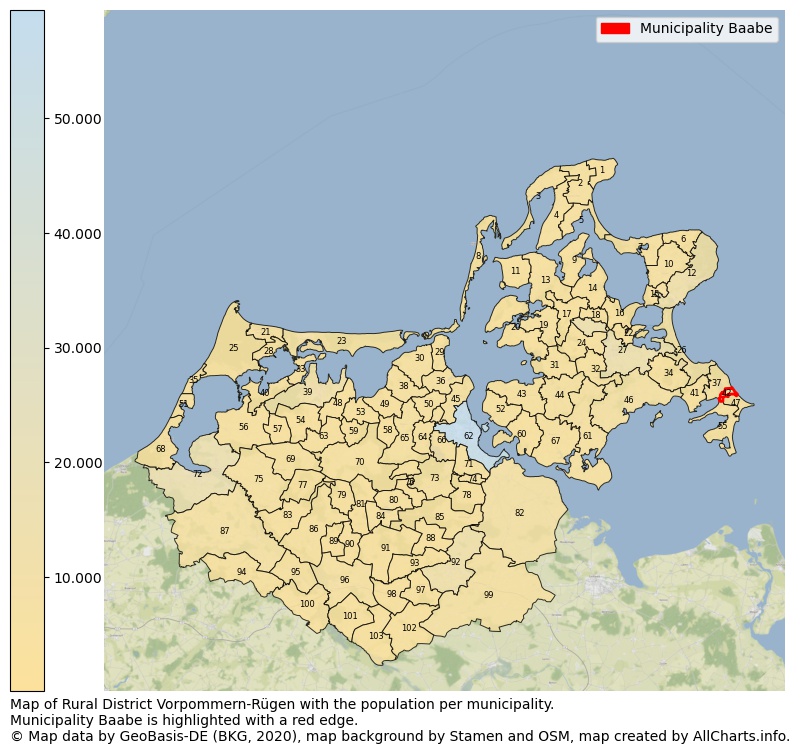 Map of Rural district Vorpommern-Rügen with the population per municipality.Municipality Baabe is highlighted with a red edge.. This page shows a lot of information about residents (such as the distribution by age groups, family composition, gender, native or German with an immigration background, ...), homes (numbers, types, price development, use, type of property, ...) and more (car ownership, energy consumption, ...) based on open data from the German Federal Agency for Cartography, the Federal Statistical Office (DESTATIS), the Regional Statistical Offices and various other sources!
