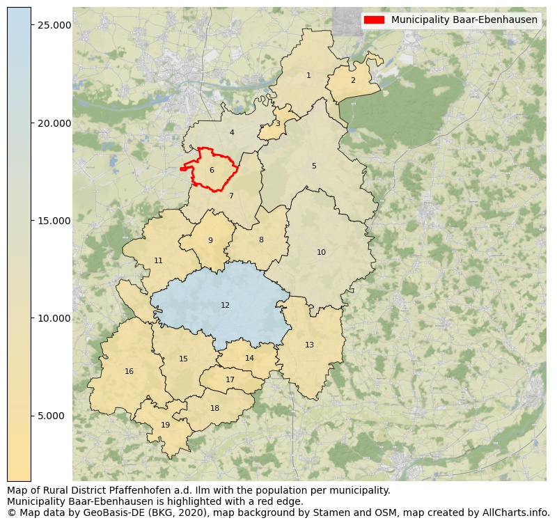 Map of Rural district Pfaffenhofen a.d. Ilm with the population per municipality.Municipality Baar-Ebenhausen is highlighted with a red edge.. This page shows a lot of information about residents (such as the distribution by age groups, family composition, gender, native or German with an immigration background, ...), homes (numbers, types, price development, use, type of property, ...) and more (car ownership, energy consumption, ...) based on open data from the German Federal Agency for Cartography, the Federal Statistical Office (DESTATIS), the Regional Statistical Offices and various other sources!