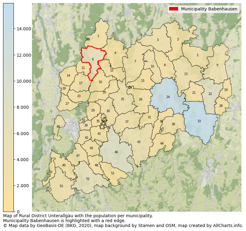 Map of Rural district Unterallgäu with the population per municipality.Municipality Babenhausen is highlighted with a red edge.. This page shows a lot of information about residents (such as the distribution by age groups, family composition, gender, native or German with an immigration background, ...), homes (numbers, types, price development, use, type of property, ...) and more (car ownership, energy consumption, ...) based on open data from the German Federal Agency for Cartography, the Federal Statistical Office (DESTATIS), the Regional Statistical Offices and various other sources!
