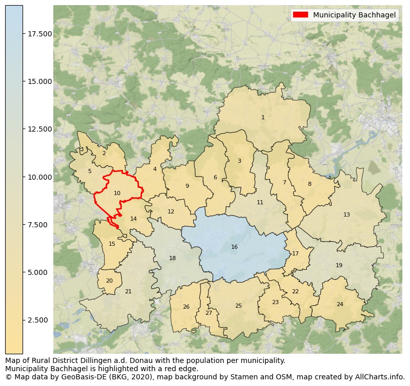 Map of Rural district Dillingen a.d. Donau with the population per municipality.Municipality Bachhagel is highlighted with a red edge.. This page shows a lot of information about residents (such as the distribution by age groups, family composition, gender, native or German with an immigration background, ...), homes (numbers, types, price development, use, type of property, ...) and more (car ownership, energy consumption, ...) based on open data from the German Federal Agency for Cartography, the Federal Statistical Office (DESTATIS), the Regional Statistical Offices and various other sources!
