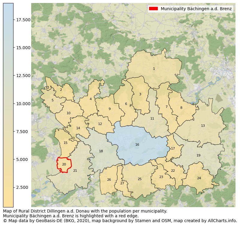 Map of Rural district Dillingen a.d. Donau with the population per municipality.Municipality Bächingen a.d. Brenz is highlighted with a red edge.. This page shows a lot of information about residents (such as the distribution by age groups, family composition, gender, native or German with an immigration background, ...), homes (numbers, types, price development, use, type of property, ...) and more (car ownership, energy consumption, ...) based on open data from the German Federal Agency for Cartography, the Federal Statistical Office (DESTATIS), the Regional Statistical Offices and various other sources!