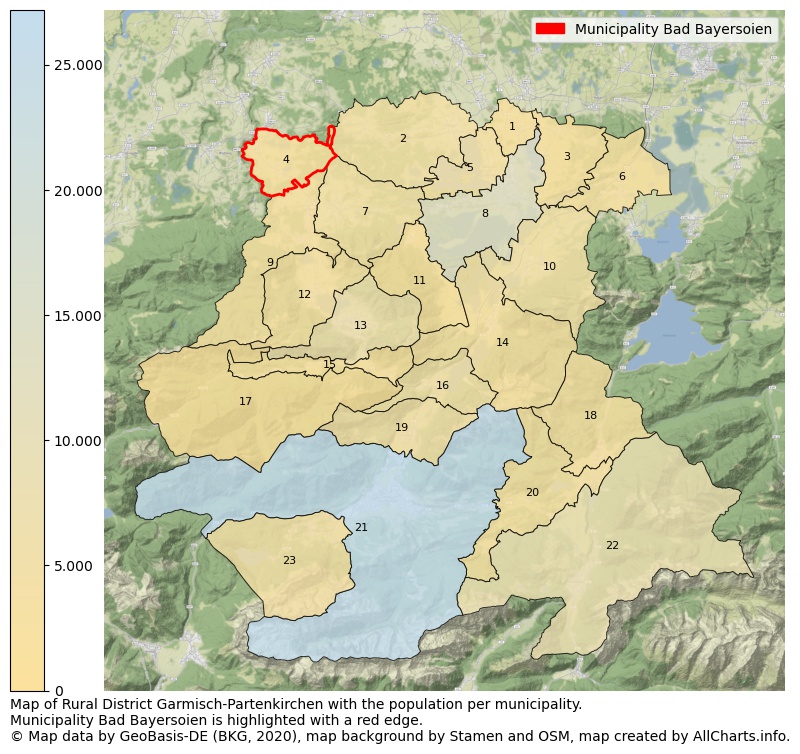 Map of Rural district Garmisch-Partenkirchen with the population per municipality.Municipality Bad Bayersoien is highlighted with a red edge.. This page shows a lot of information about residents (such as the distribution by age groups, family composition, gender, native or German with an immigration background, ...), homes (numbers, types, price development, use, type of property, ...) and more (car ownership, energy consumption, ...) based on open data from the German Federal Agency for Cartography, the Federal Statistical Office (DESTATIS), the Regional Statistical Offices and various other sources!