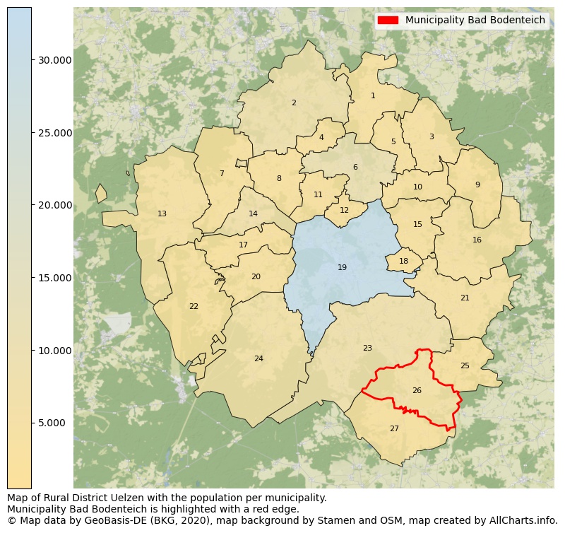 Map of Rural district Uelzen with the population per municipality.Municipality Bad Bodenteich is highlighted with a red edge.. This page shows a lot of information about residents (such as the distribution by age groups, family composition, gender, native or German with an immigration background, ...), homes (numbers, types, price development, use, type of property, ...) and more (car ownership, energy consumption, ...) based on open data from the German Federal Agency for Cartography, the Federal Statistical Office (DESTATIS), the Regional Statistical Offices and various other sources!