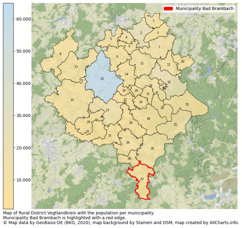 Map of Rural district Vogtlandkreis with the population per municipality.Municipality Bad Brambach is highlighted with a red edge.. This page shows a lot of information about residents (such as the distribution by age groups, family composition, gender, native or German with an immigration background, ...), homes (numbers, types, price development, use, type of property, ...) and more (car ownership, energy consumption, ...) based on open data from the German Federal Agency for Cartography, the Federal Statistical Office (DESTATIS), the Regional Statistical Offices and various other sources!