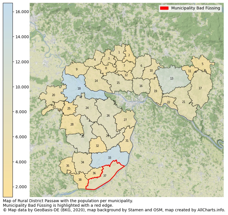 Map of Rural district Passaw with the population per municipality.Municipality Bad Füssing is highlighted with a red edge.. This page shows a lot of information about residents (such as the distribution by age groups, family composition, gender, native or German with an immigration background, ...), homes (numbers, types, price development, use, type of property, ...) and more (car ownership, energy consumption, ...) based on open data from the German Federal Agency for Cartography, the Federal Statistical Office (DESTATIS), the Regional Statistical Offices and various other sources!