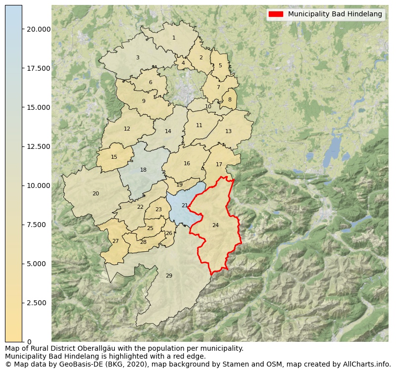 Map of Rural district Oberallgäu with the population per municipality.Municipality Bad Hindelang is highlighted with a red edge.. This page shows a lot of information about residents (such as the distribution by age groups, family composition, gender, native or German with an immigration background, ...), homes (numbers, types, price development, use, type of property, ...) and more (car ownership, energy consumption, ...) based on open data from the German Federal Agency for Cartography, the Federal Statistical Office (DESTATIS), the Regional Statistical Offices and various other sources!