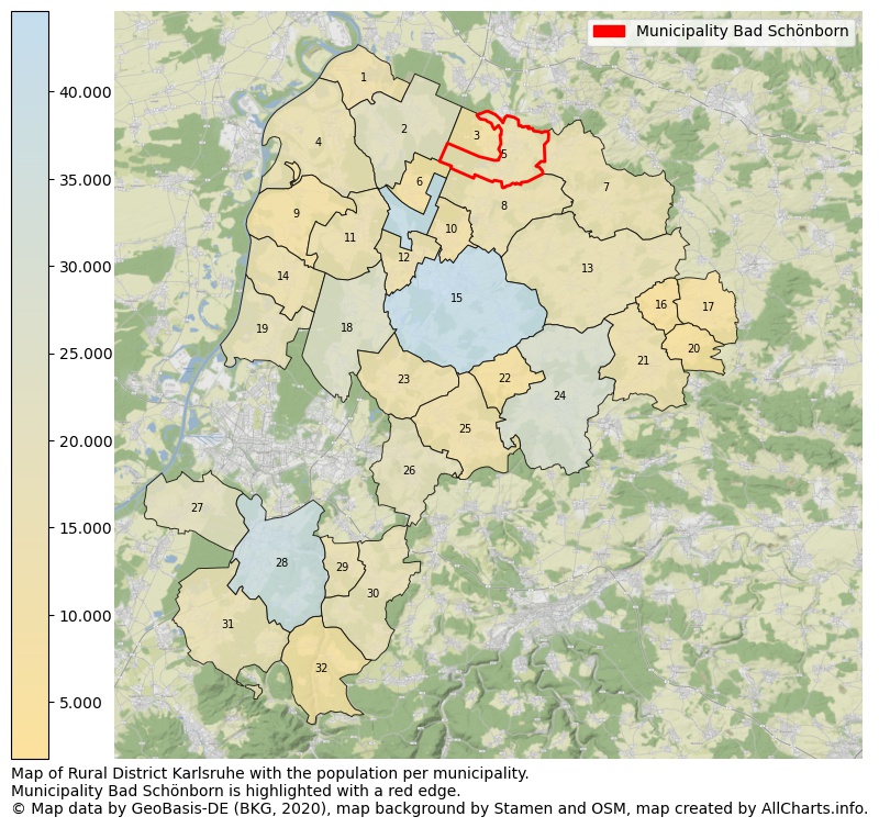 Map of Rural district Karlsruhe with the population per municipality.Municipality Bad Schönborn is highlighted with a red edge.. This page shows a lot of information about residents (such as the distribution by age groups, family composition, gender, native or German with an immigration background, ...), homes (numbers, types, price development, use, type of property, ...) and more (car ownership, energy consumption, ...) based on open data from the German Federal Agency for Cartography, the Federal Statistical Office (DESTATIS), the Regional Statistical Offices and various other sources!