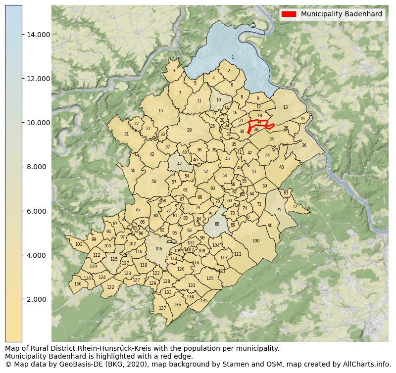 Map of Rural district Rhein-Hunsrück-Kreis with the population per municipality.Municipality Badenhard is highlighted with a red edge.. This page shows a lot of information about residents (such as the distribution by age groups, family composition, gender, native or German with an immigration background, ...), homes (numbers, types, price development, use, type of property, ...) and more (car ownership, energy consumption, ...) based on open data from the German Federal Agency for Cartography, the Federal Statistical Office (DESTATIS), the Regional Statistical Offices and various other sources!