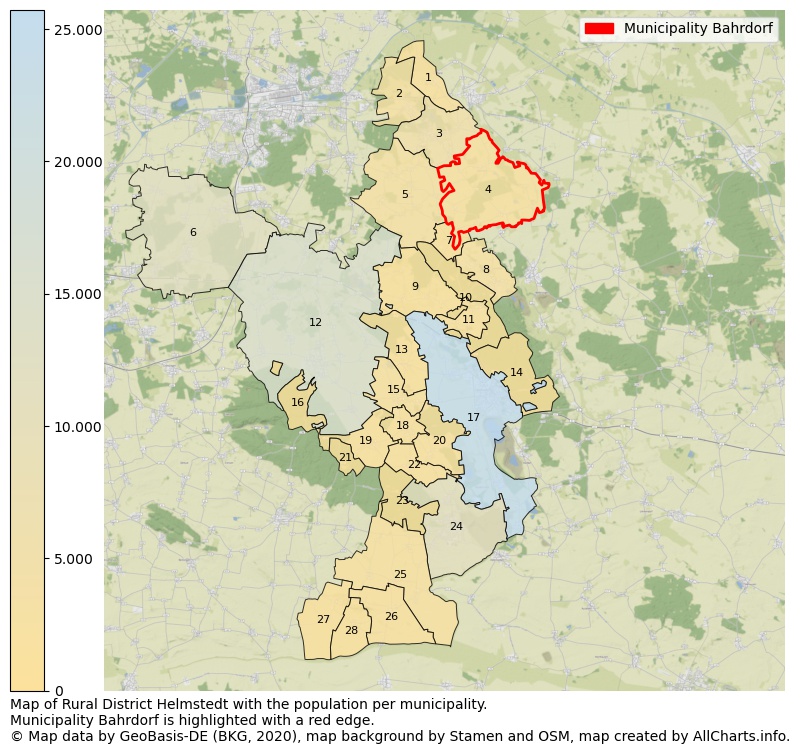 Map of Rural district Helmstedt with the population per municipality.Municipality Bahrdorf is highlighted with a red edge.. This page shows a lot of information about residents (such as the distribution by age groups, family composition, gender, native or German with an immigration background, ...), homes (numbers, types, price development, use, type of property, ...) and more (car ownership, energy consumption, ...) based on open data from the German Federal Agency for Cartography, the Federal Statistical Office (DESTATIS), the Regional Statistical Offices and various other sources!