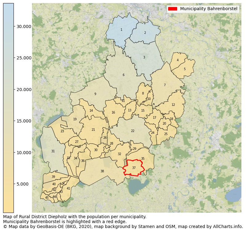 Map of Rural district Diepholz with the population per municipality.Municipality Bahrenborstel is highlighted with a red edge.. This page shows a lot of information about residents (such as the distribution by age groups, family composition, gender, native or German with an immigration background, ...), homes (numbers, types, price development, use, type of property, ...) and more (car ownership, energy consumption, ...) based on open data from the German Federal Agency for Cartography, the Federal Statistical Office (DESTATIS), the Regional Statistical Offices and various other sources!