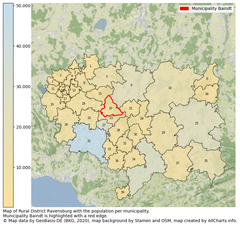 Map of Rural district Ravensburg with the population per municipality.Municipality Baindt is highlighted with a red edge.. This page shows a lot of information about residents (such as the distribution by age groups, family composition, gender, native or German with an immigration background, ...), homes (numbers, types, price development, use, type of property, ...) and more (car ownership, energy consumption, ...) based on open data from the German Federal Agency for Cartography, the Federal Statistical Office (DESTATIS), the Regional Statistical Offices and various other sources!