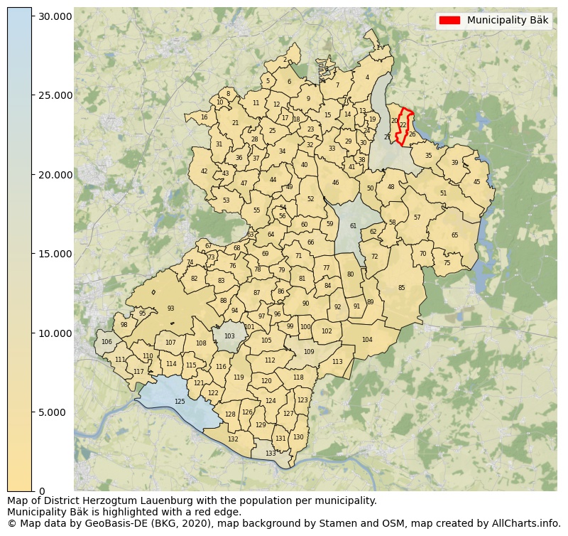 Map of District Herzogtum Lauenburg with the population per municipality.Municipality Bäk is highlighted with a red edge.. This page shows a lot of information about residents (such as the distribution by age groups, family composition, gender, native or German with an immigration background, ...), homes (numbers, types, price development, use, type of property, ...) and more (car ownership, energy consumption, ...) based on open data from the German Federal Agency for Cartography, the Federal Statistical Office (DESTATIS), the Regional Statistical Offices and various other sources!