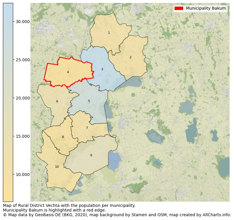 Map of Rural district Vechta with the population per municipality.Municipality Bakum is highlighted with a red edge.. This page shows a lot of information about residents (such as the distribution by age groups, family composition, gender, native or German with an immigration background, ...), homes (numbers, types, price development, use, type of property, ...) and more (car ownership, energy consumption, ...) based on open data from the German Federal Agency for Cartography, the Federal Statistical Office (DESTATIS), the Regional Statistical Offices and various other sources!